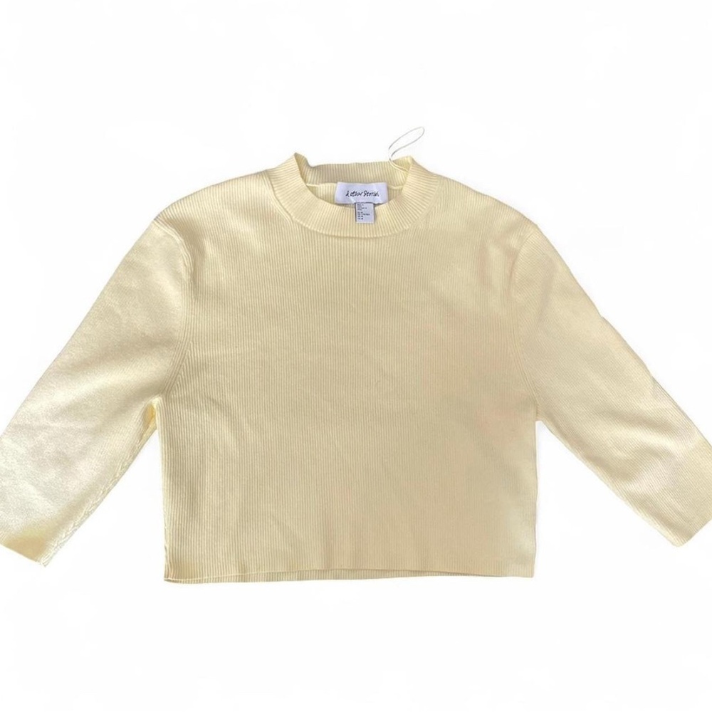 & Other Stories Ribbed Knit 3/4 length sleeve crop top in butter yellow